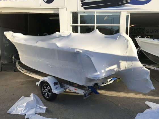 Shrink wrapped boat